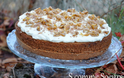 Gâteau aux noix fourré au chocolat, chantilly et noix caramélisées